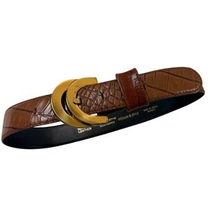 Vintage Liz Claiborne Brown Croc Embossed Leather Belt Gold Crescent Buckle 2642